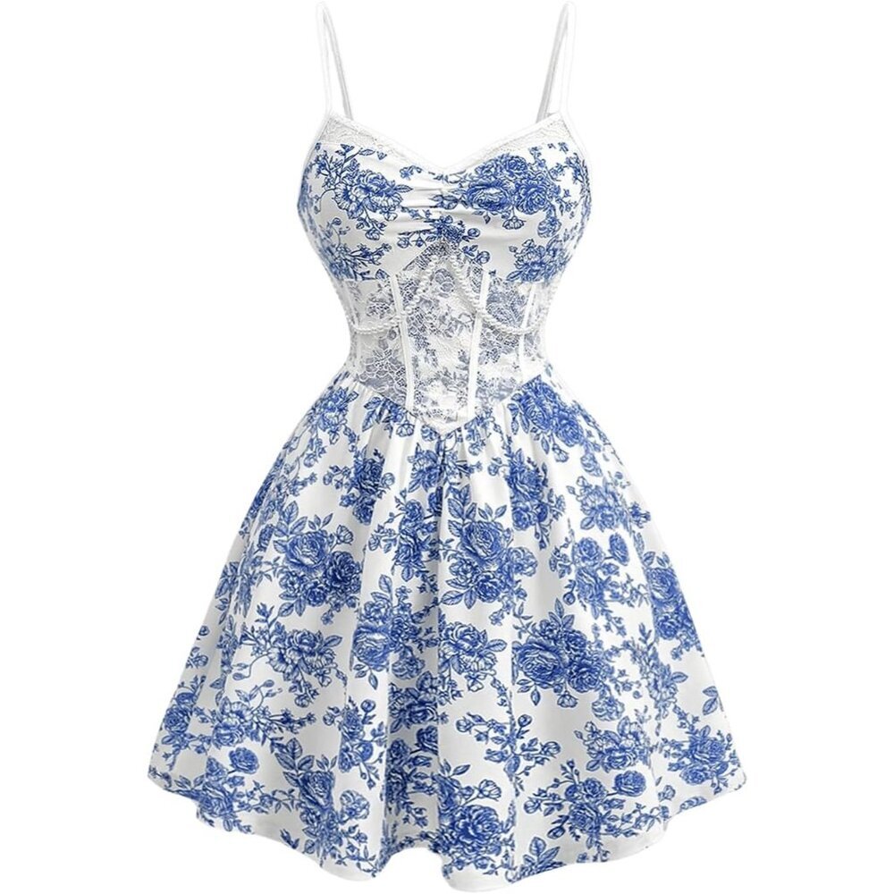 Women's Floral Lace Beaded Corset Dress Cami Flare Mini Night Out